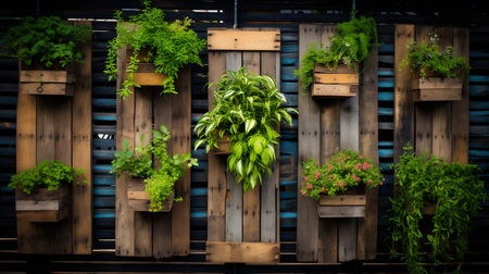 Eco-friendly Vertical Garden Using Recycled Pallets and Hanging Plants. Generative ai. High quality illustrationの素材