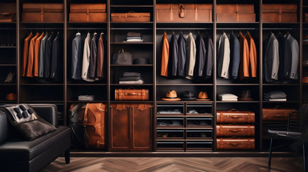 Elegant Interior of a Luxury Male Wardrobe Showcasing Expensive Attire. Generative ai. High quality illustrationの素材