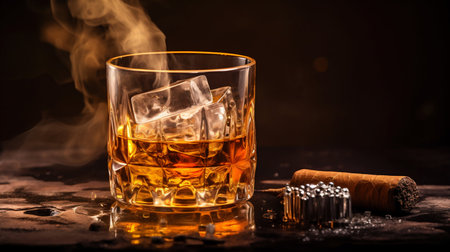 Savoring Moments: Whiskey on the Rocks Paired with a Smoldering Cuban Cigar. Generative ai. High quality illustrationの素材