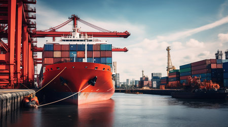 Bustling Hub: Seaport with Moored Cargo Ship. Generative ai. High quality illustrationの素材