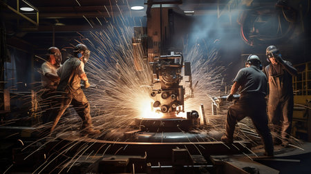 Masters of Metal: Laborers at Work on Industrial Machines. Generative ai. High quality illustrationの素材