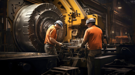 Masters of Metal: Laborers at Work on Industrial Machines. Generative ai. High quality illustrationの素材