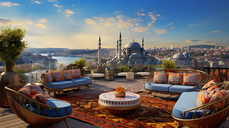 Panoramic View of Istanbul from Elevated Terrace. Generative ai. High quality illustrationの素材