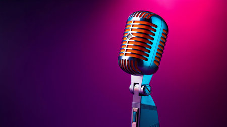 Microphone Against Purple Backdrop with Dark Cyan and Orange Lights. Generative ai. High quality illustrationの素材