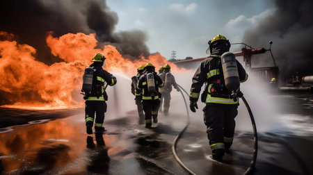 Firefighters Battling Oil Flames with Water Fog Extinguisher. Generative ai. High quality illustrationの素材