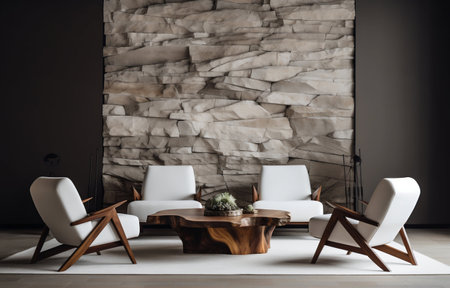 Minimalistic Living Room with White Armchairs and Live Edge Table. Generative ai. High quality illustrationの素材