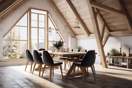 Scandinavian Dining Room in Attic with Wooden Beams. Generative ai. High quality illustrationの素材
