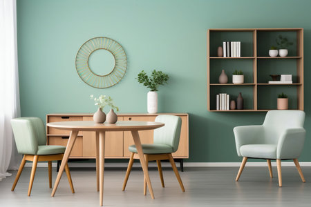 Modern Living-Dining Space: Mint Chairs, Wooden Table, and Green Wall in Scandinavian Mid-century Style. Generative ai. High quality illustrationの素材