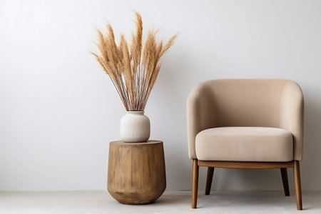 Minimalist Living Room: Beige Barrel Chair with Stump Table and Pampas Grass. Generative ai. High quality illustrationの素材