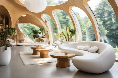 Sophisticated Living Space: Flowing Wooden Structures and Curvaceous Design. Generative ai. High quality illustrationの素材