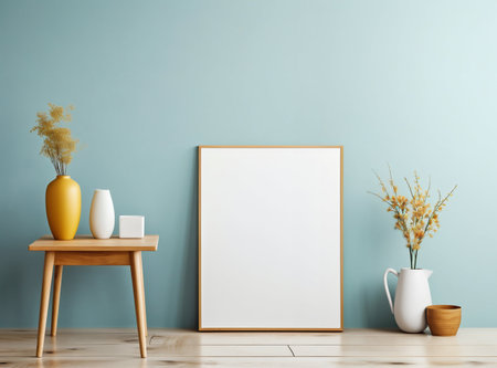 Scandinavian Living Room: Wood Side Table and Mockup Poster by Turquoise Wall. Generative ai. High quality illustrationの素材