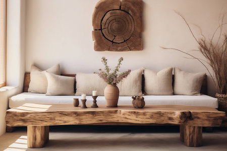 Rustic Boho Living Room: Wooden Slab Bench in Farmhouse Design. Generative ai. High quality illustrationの素材