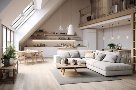 Scandinavian Studio: Minimalist Living Room with Integrated Kitchen. Generative ai. High quality illustrationの素材