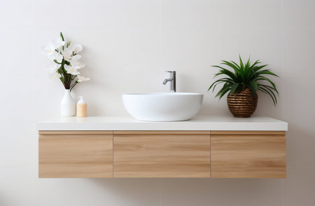 Scandinavian Bathroom: Wall-Mounted Vanity with Vessel Sink and Mirror. Generative ai. High quality illustrationの素材