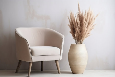 Minimalist Living Room: Beige Barrel Chair with Stump Table and Pampas Grass. Generative ai. High quality illustrationの素材