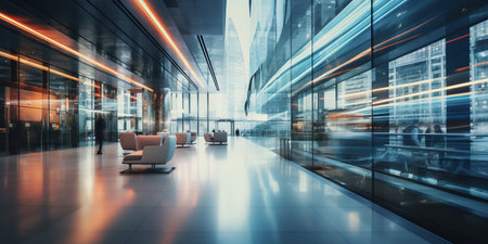 Modern Office Lobby in Long Exposure: Dynamic Business Movement. Generative ai. High quality illustrationの素材