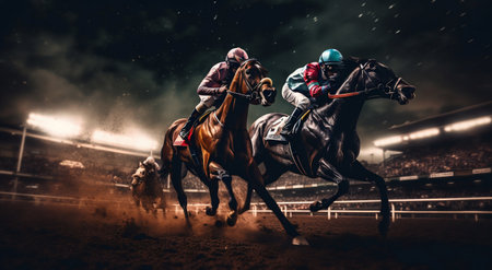 Moonlit Gallop: Night Race at the Hippodrome. Generative ai. High quality illustrationの素材
