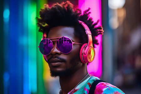 Urban Beat: Neon-Clad Young Man Grooving to Music. Generative ai. High quality illustrationの素材
