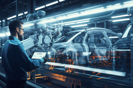 Precision at Play: Engineer in Action on Futuristic Automotive Assembly Line. Generative ai. High quality illustrationの素材