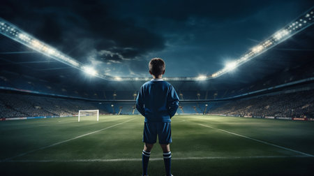 Determined Stance: Young Soccer Player Under Stadium Spotlight. Generative ai. High quality illustrationの素材
