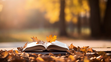 Autumn's Tale: Open Book Amidst Fall Foliage in Sunlit Park. Generative ai. High quality illustrationの素材