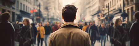 Lone Man Amidst the Bustling Street Crowd. Generative ai. High quality illustrationの素材