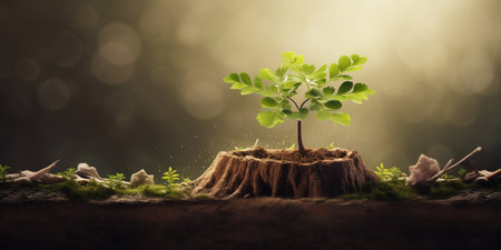 New Life Emerges: Young Sapling Growing from an Ancient Stump. Generative ai. High quality illustrationの素材