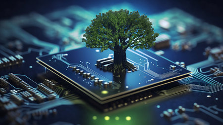 Digital Genesis: Tree Sprouting at the Convergence Point on a Computer Circuit Board. Generative ai. High quality illustrationの素材