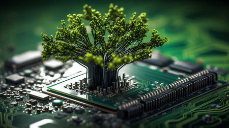 Digital Genesis: Tree Sprouting at the Convergence Point on a Computer Circuit Board. Generative ai. High quality illustrationの素材