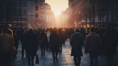 Urban Flow: Anonymous Crowd Bustling Through City Streets. Generative ai. High quality illustrationの素材