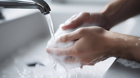 Hygiene First: Washing Soapy Hands under a Modern Bathroom Faucet. Generative ai. High quality illustrationの素材