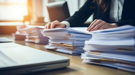 Corporate Search: Businesswoman Sorting Through Stacks of Paper Files. Generative ai. High quality illustrationの素材