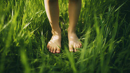 Earthing Moments: Child's Bare Feet on Lush Meadow Grass. Generative ai. High quality illustrationの素材