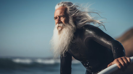 Senior Surfer with White Beard in Neoprene Wetsuit. Generative ai. High quality illustrationの素材