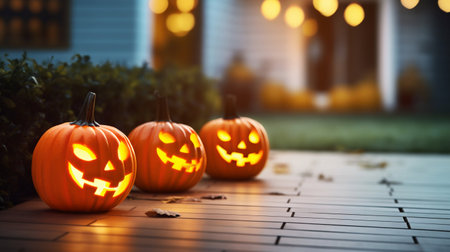 Carved Pumpkin on the Porch: A Halloween Tradition. Generative ai. High quality illustrationの素材