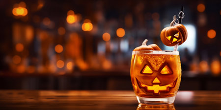 Halloween Themed Colorful Drink Glass with Pumpkin Face. Generative ai. High quality illustrationの素材