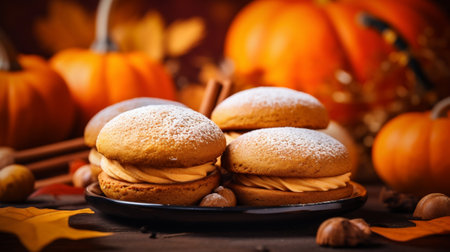 Pumpkin Whoopie Pies: A Fall Season Baking Delight. Generative ai. High quality illustrationの素材
