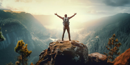 Triumphant Man Celebrating Success on Mountain Summit. Generative ai. High quality illustrationの素材