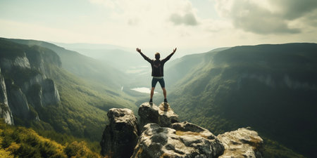 Triumphant Man Celebrating Success on Mountain Summit. Generative ai. High quality illustrationの素材