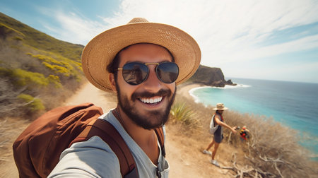 Handsome Man in Hat and Sunglasses Taking Selfie on Beach Vacation. Generative ai. High quality illustrationの素材