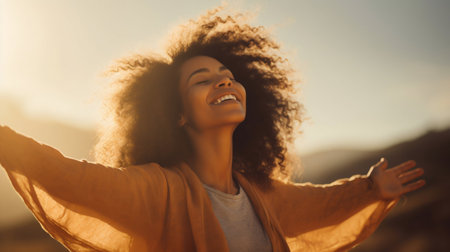 Joyful Black Woman Embracing Nature with Open Arms: Freedom and Happiness. Generative ai. High quality illustrationの素材