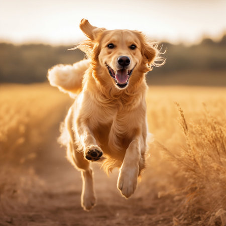 Joyful Golden Retriever Running and Jumping. Generative ai. High quality illustrationの素材