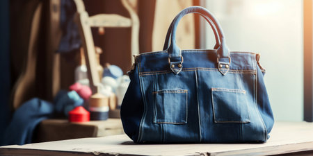 Creative Denim Upcycling: Transforming Old Jeans into a Handbag. Generative ai. High quality illustrationの素材