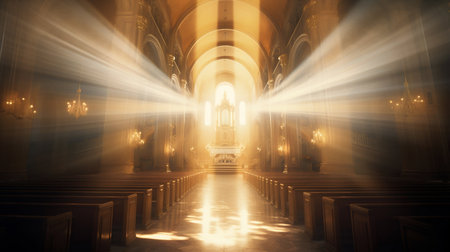 Heavenly Illumination: Divine Light Rays in a Church Symbolizing Grace and Truth. Generative ai. High quality illustrationの素材