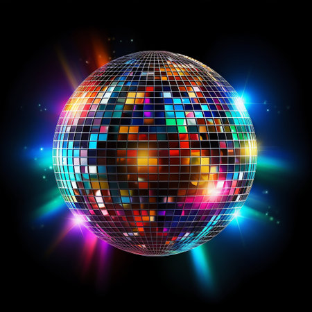 Disco Fever: Shiny Colorful Ball Illuminating a Black Background. Generative ai. High quality illustrationの素材