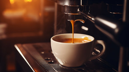 Close-Up of Freshly Brewed Coffee in Professional Machine. Generative ai. High quality illustrationの素材