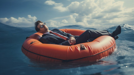 Businessman Asleep on Raft at Sea: A Metaphor for Business Safety Net. Generative ai. High quality illustrationの素材