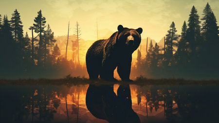 Bear Silhouette and Forest Sunrise in Double Exposure. Generative ai. High quality illustrationの素材