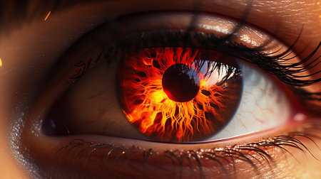 Fiery Gaze: Close-up of a Stylized Eye with Flame Elements. Generative ai. High quality illustrationの素材