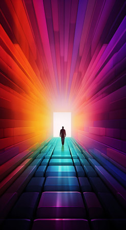 Man Walking Towards Light in Vibrant Geometric Corridor. Generative ai. High quality illustrationの素材